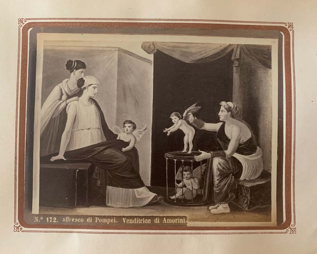 Stabiae, Villa Arianna, From an album by Roberto Rive, dated 1868. Fresco of the “Cupid Seller”. 
Now in Naples Archaeological Museum: inventory number 9180. Photo courtesy of Rick Bauer.