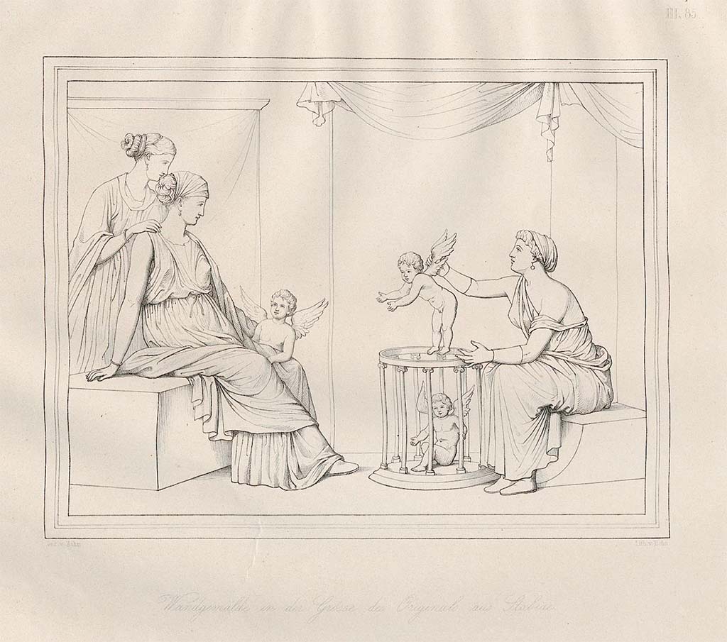 Stabiae, Villa Arianna. Room W.25. June 1759. Drawing of the “Cupid Seller” by Zahn made in Royal Museum at Naples, pre-December 1858.  
See Zahn, W., 1852-59. Die schönsten Ornamente und merkwürdigsten Gemälde aus Pompeji, Herkulanum und Stabiae: III. Berlin: Reimer, taf. LXXXV, (85).