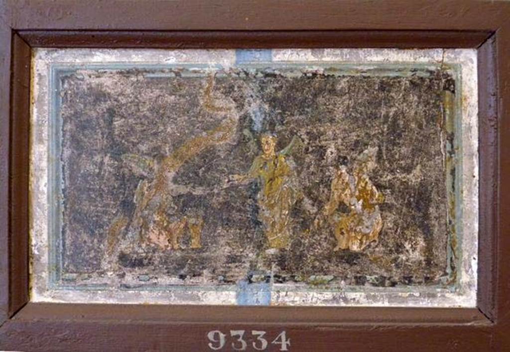 Stabiae, Villa Arianna, found 6th August 1759. Room W.25 or W.28. Painting of a group of psyche.
Now in Naples Archaeological Museum. Inventory number 9334.
See Pagano, M. and Prisciandaro, R., 2006. Studio sulle provenienze degli oggetti rinvenuti negli scavi borbonici del regno di Napoli.  Naples: Nicola Longobardi, p. 242. 
See Sampaolo V. and Bragantini I., Eds, 2009. La Pittura Pompeiana. Electa: Verona, p. 484.