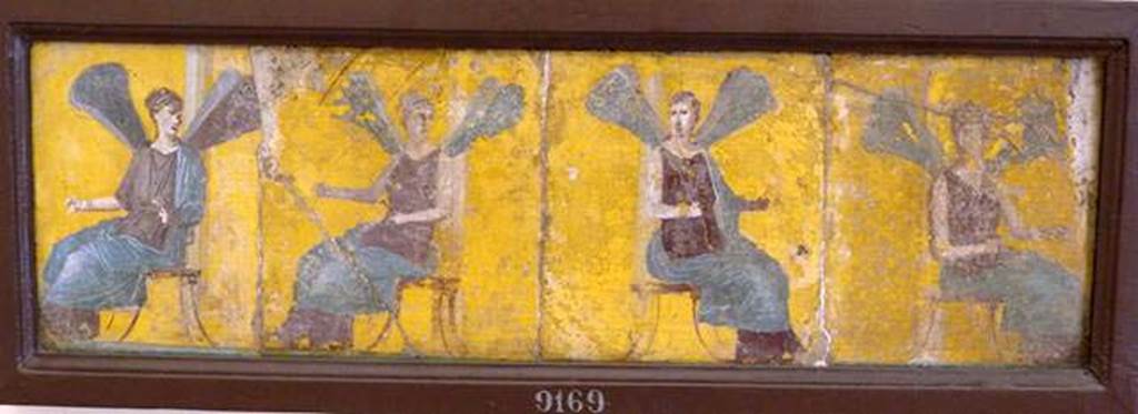 Stabiae, Villa Arianna, found 16th June 1759. Room W.25 or W.28. 
Four wall painting fragments each representing a seated Psyche.
Now in Naples Archaeological Museum. Inventory number 9169.
See Sampaolo V. and Bragantini I., Eds, 2009. La Pittura Pompeiana. Electa: Verona, p. 488-9.
See Pagano, M. and Prisciandaro, R., 2006. Studio sulle provenienze degli oggetti rinvenuti negli scavi borbonici del regno di Napoli.  Naples: Nicola Longobardi, p. 242.