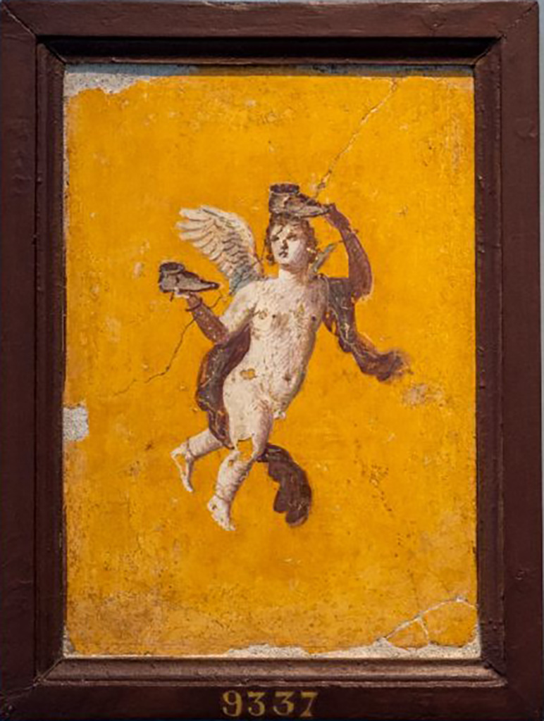 Stabiae, Villa Arianna, found 20th or 30th June 1759. Room W.25 or W.28. Painting of cupid carrying shoes.
Now in Naples Archaeological Museum. Inventory number 9337.
See Pagano, M. and Prisciandaro, R., 2006. Studio sulle provenienze degli oggetti rinvenuti negli scavi borbonici del regno di Napoli. Naples: Nicola Longobardi, p. 242. 
See Sampaolo V. and Bragantini I., Eds, 2009. La Pittura Pompeiana. Electa: Verona, p. 494.