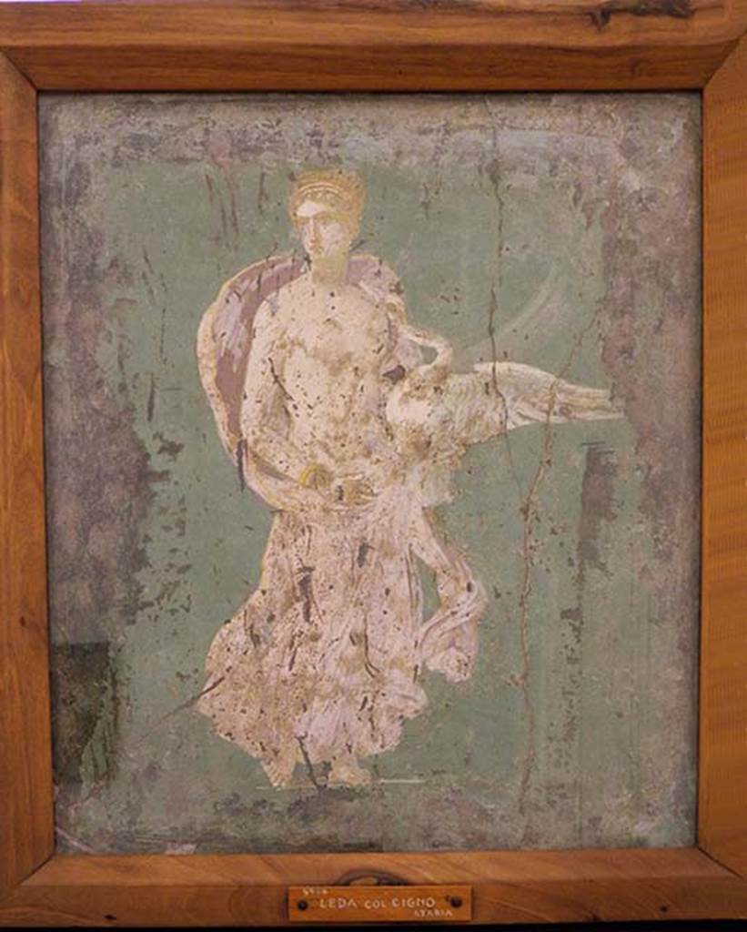 Stabiae, Villa Arianna, found 25th July 1759. Room W.26. Wall painting of Leda and the swan.
Now in Naples Archaeological Museum.  Inventory number 9546.