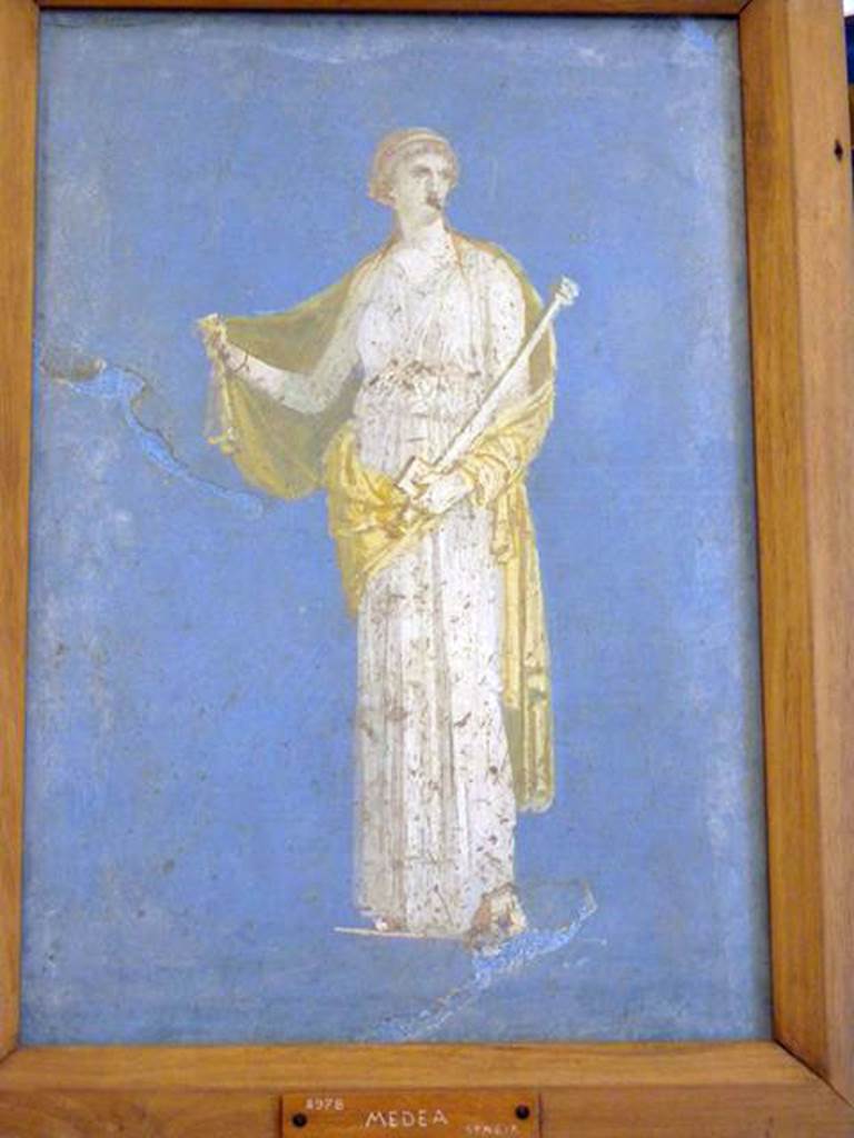 Stabiae, Villa Arianna, found 26th July 1759. Room W.26. 
Wall painting of Medea holding a sceptre and a book.
Now in Naples Archaeological Museum. Inventory number 8978.