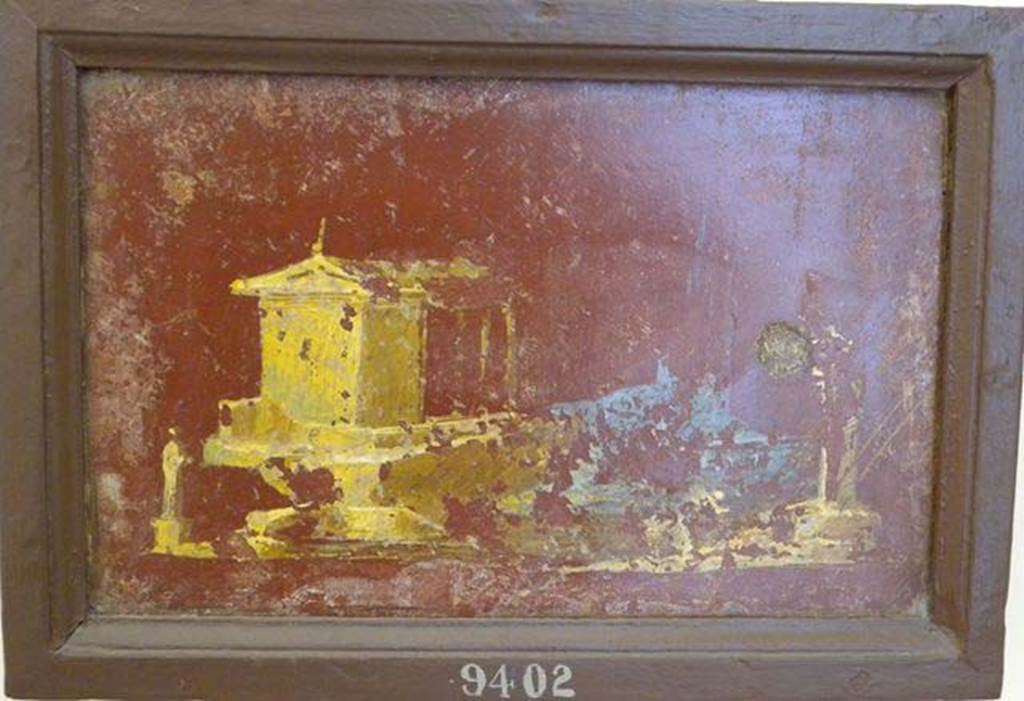 Stabiae, Villa Arianna, found 6th August 1759. Room W.26? 
Wall painting of landscape with temple with pitched roof and columns at the front.
To the left is a statue on a base and to the right are two figures in front of a pillar with a vase on top.
Now in Naples Archaeological Museum. Inventory number 9402.
See Pagano, M. and Prisciandaro, R., 2006. Studio sulle provenienze degli oggetti rinvenuti negli scavi borbonici del regno di Napoli.  Naples: Nicola Longobardi, p. 243. 
See Sampaolo V. and Bragantini I., Eds, 2009. La Pittura Pompeiana. Electa: Verona, p. 438-9.