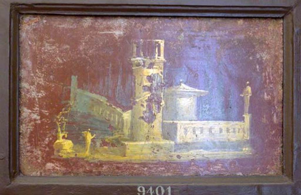 Stabiae, Villa Arianna, found 25th July 1759. Room W.26? 
Wall painting of landscape with building, tower, man and an idol.
Now in Naples Archaeological Museum. Inventory number 9401.
See Pagano, M. and Prisciandaro, R., 2006. Studio sulle provenienze degli oggetti rinvenuti negli scavi borbonici del regno di Napoli.  Naples: Nicola Longobardi, p. 243.