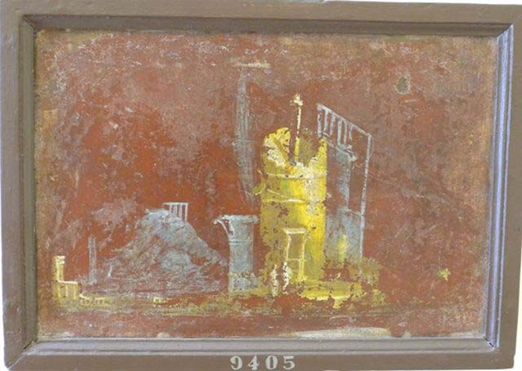 Stabiae, Villa Arianna, found 26th July 1759. Room W.26? 
Wall painting of landscape, column and tower with two men by its door.
Now in Naples Archaeological Museum. Inventory number 9405. See Sampaolo V. and Bragantini I., Eds, 2009. La Pittura Pompeiana. Electa: Verona, p. 454-5.