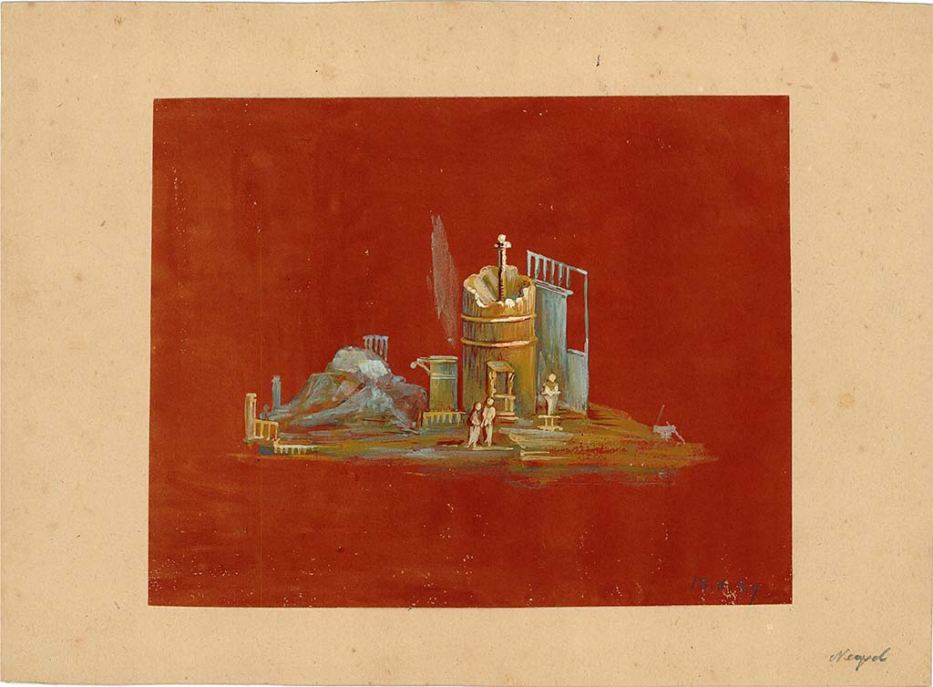 Stabiae, Villa Arianna, found 26th July 1759. Room W.26? 
1889 watercolour copy of wall painting of landscape, column and tower with two men by its door.
DAIR Pompeji Wandmalerei 34. Arachne ID: 3564102. Photo © Deutsches Archäologisches Institut, Abteilung Rom, Arkiv. 
Original wall painting now in Naples Archaeological Museum. Inventory number 9405.
