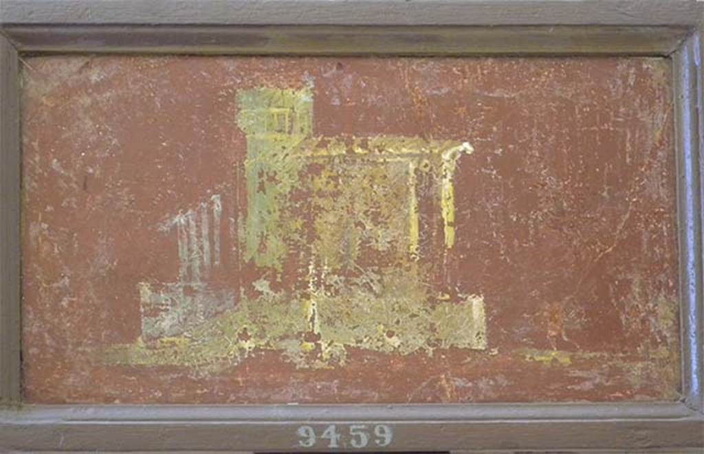Stabiae, Villa Arianna, found 6th August 1759. Room W.26? Architectural landscape.
Now in Naples Archaeological Museum. Inventory number 9459.
According to Grasso, this wall painting is an architectural landscape.
It shows the side view of a small temple, to which a figure is running, a tower with a platform and to the left a colonnaded portico in perspective.
See Sampaolo V. and Bragantini I., Eds, 2009. La Pittura Pompeiana. Electa: Verona, p. 454-5.
According to Prisciandaro, there are two figures, one upright and one crouched.
See Pagano, M. and Prisciandaro, R., 2006. Studio sulle provenienze degli oggetti rinvenuti negli scavi borbonici del regno di Napoli.  Naples: Nicola Longobardi, p. 243.