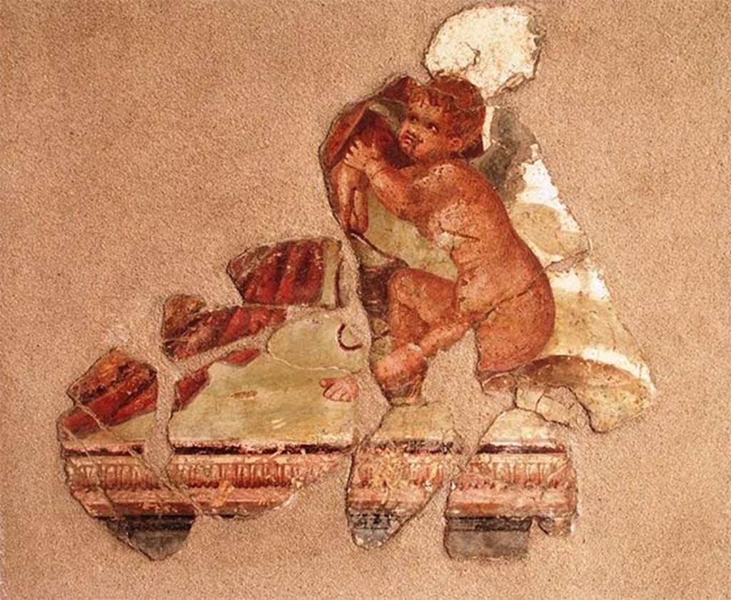 Stabiae, Villa Arianna, March 2004. Painting of cupid and Dionysus. Now in Stabia Antiquarium. Inventory number 62477.
Photo courtesy of Mentnafunangann - Own work. Licensed under CC BY-SA 3.0 via Wikimedia Commons. 
See https://commons.wikimedia.org/wiki/File:Eros_e_Dioniso_1.jpg#/media/File:Eros_e_Dioniso_1.jpg