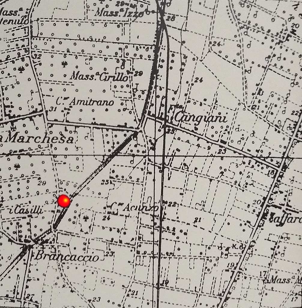 Boscoreale. Villa in località Cangiani. Mappa di localizzazione. Location map.
See Stefani, G. Comune di Boscoreale. Località Cangiani. In Rivista di Studi Pompeiani VI, 1993-4, p. 224, fig. 10.