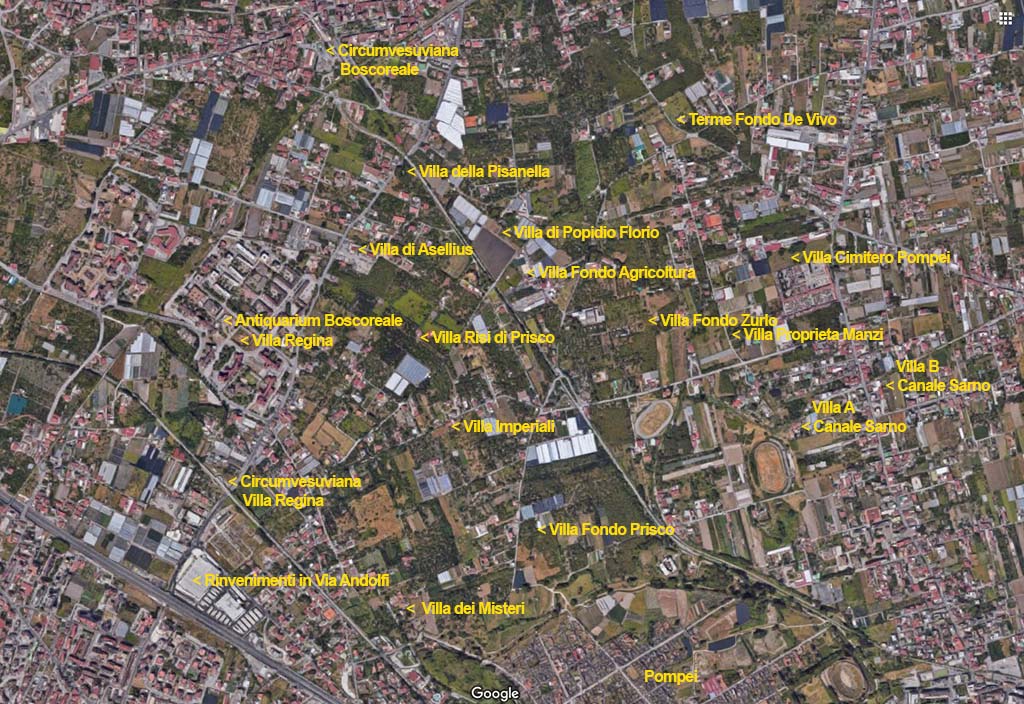 Boscoreale, Villa rustica in via Casone Grotta, proprietà Risi di Prisco. Location plan of Boscoreale villas based on the plan displayed in Boscoreale Antiquarium.
Photo courtesy of Google Earth.
The locations are an indication only. Most of the villas are buried and not visitable.
To see these villas see our page Boscoreale villas
The Boscoreale Antiquarium and Villa Regina, Villa dei Misteri and Pompeii are shown.
The two new Circumvesuviana stations at Boscoreale and Villa Regina are also shown.
Villa Regina station is on the same Napoli – Sorrento – Napoli line as Pompeii Scavi Villa dei Misteri and is the stop before/after Pompeii Scavi.
The new Boscoreale station is on the Napoli – Torre Annunziata -Poggiomarino line adjacent to the old station which is now closed.
The line through the new Boscoreale station has been diverted and is underground, removing the need for six above ground level crossings.