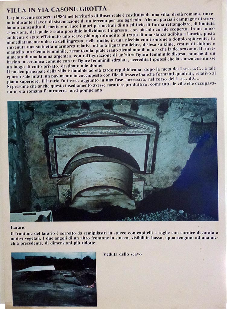 Boscoreale, Villa rustica in via Casone Grotta, proprietà Risi di Prisco, lararium information card in Boscoreale Antiquarium.
Photo courtesy of Michael Binns.
Note: The photo of the "Veduta dello scavo" is reversed compared with that published in RsP II.
See Rivista di Studi Pompeani II, 1988, fig.70, p. 216.
