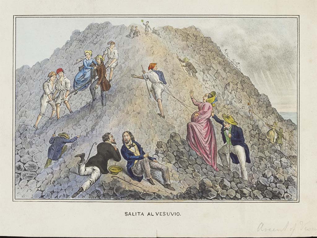 Vesuvius 1854. Salita al Vesuvio (Climbing Vesuvius) by Giacomo Lenghi.
Hand-coloured lithograph showing people climbing the sides of a volcano, some being dragged by ropes around their bodies, one woman in a chair on poles.
Neapolitan, from the Raccolta di Costumi Napoletani, published 1854.
© Victoria and Albert Museum, London, inventory number E.820-1937.