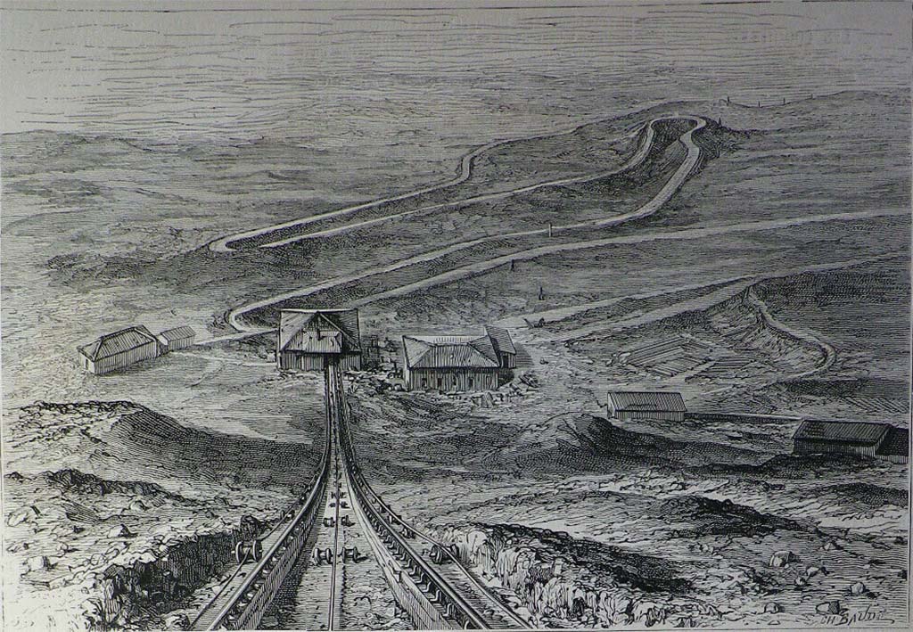 Vesuvius Funicular railway. View from the summit in April 1880 presumably before testing and inauguration.
Sketch from L’Illustration, Samedi 24 Avril 1880.