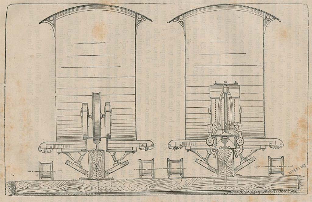 Vesuvius 1880. End view of carriage design. 1880 drawing by Luigi Palmieri.
See Palmieri L., 1880. Il Vesuvio e la sua storia. Milano: Tipografia Faverio, page v.