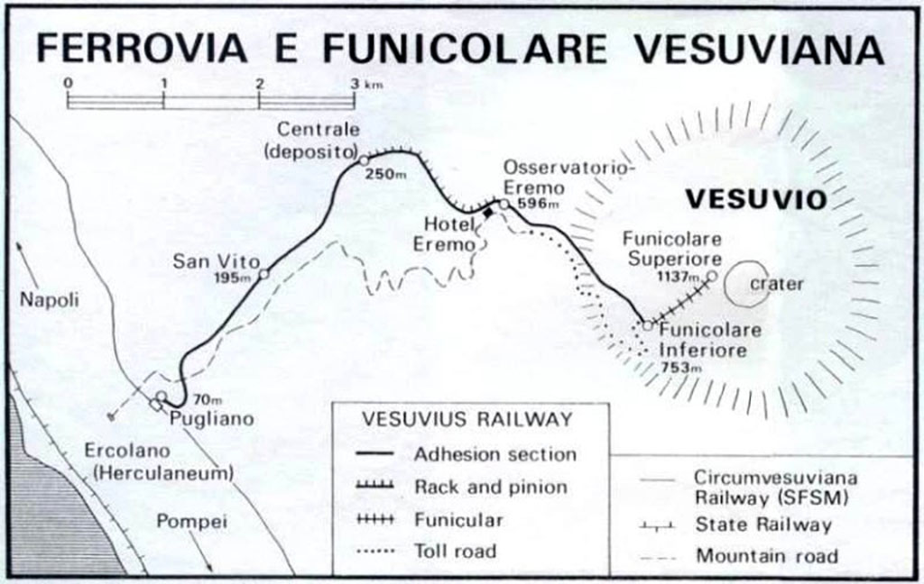 Vesuvius light railway and Funicular. Route and route of toll road. Author unknown.
Photo Wikimedia Commons See photo on Wikimedia Commons Public Domain.