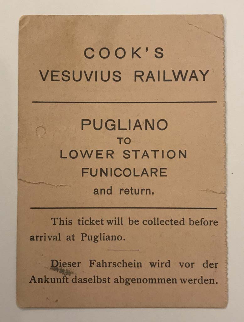 Rear of a Thomas Cook & Son combo ticket to Vesuvius, using the train and the funicular.  
This ticket is dated 13 July 1948. Photo courtesy of Rick Bauer.