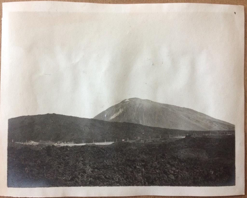 Vesuvius, August 27, 1904. View of Vesuvius with newly opened electric light railway running across.
An electric carriage and the cable posts can be seen on the line in the centre of the photo.
Photo courtesy of Rick Bauer.