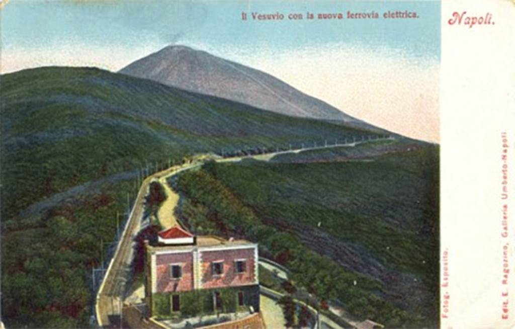 Vesuvius to Pugliano railway. Old postcard with the title “Il Vesuvio con la nuova ferrovia elettrica”. 
“Vesuvius with the new electric railway”. The railway opened in 1903.
It ran from Pugliano near the Resina mainline station to the funicular at Vesuvius.
As a result of the railway there were double the number of tourists transported to the crater.
