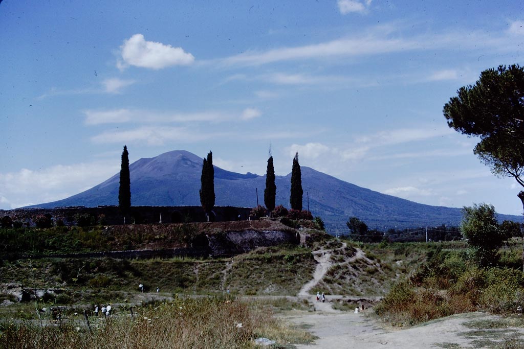 Vesuvius, from Pompeii, 1968.  Photo by Stanley A. Jashemski.
Source: The Wilhelmina and Stanley A. Jashemski archive in the University of Maryland Library, Special Collections (See collection page) and made available under the Creative Commons Attribution-Non-commercial License v.4. See Licence and use details.
J68f1761