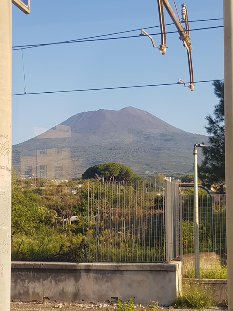 Pompeii. October 2022. 
Looking towards Vesuvius from Pompeii train station. Photo courtesy of Klaus Heese