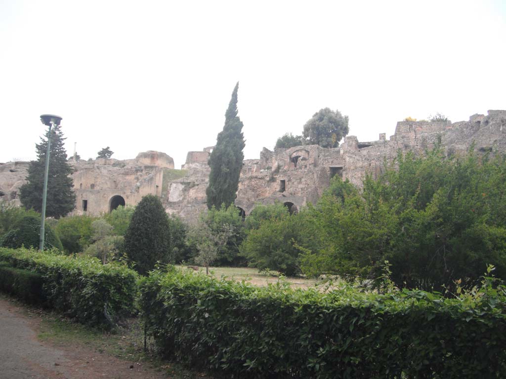 Pompeii, south side. May 2011. 
Looking north-west towards Temple of Venus, on upper left, VIII.2.A, centre left, and rear of houses in VIII.2, on right.
Photo courtesy of Ivo van der Graaff.