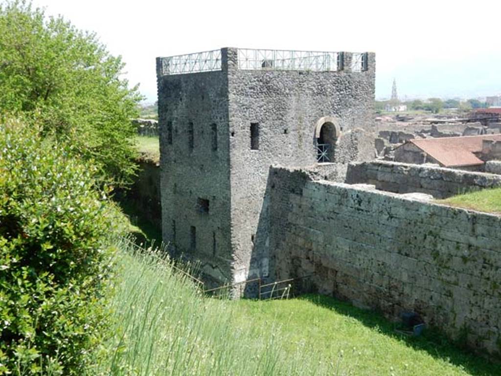 Walls at Pompeii Tower XI. May 2015. Looking south-east across inner and outer walls. 
Photo courtesy of Buzz Ferebee.