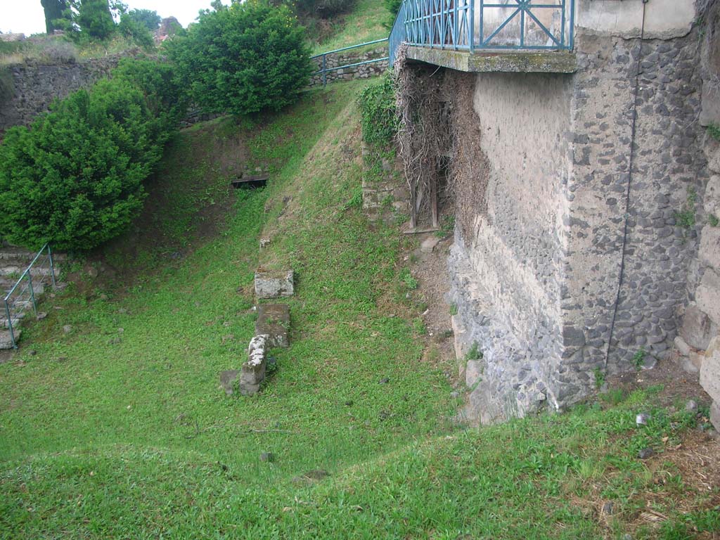 Tower XI, Pompeii. May 2010. 
Looking west across base of Tower at north end of Via di Mercurio. Photo courtesy of Ivo van der Graaff.