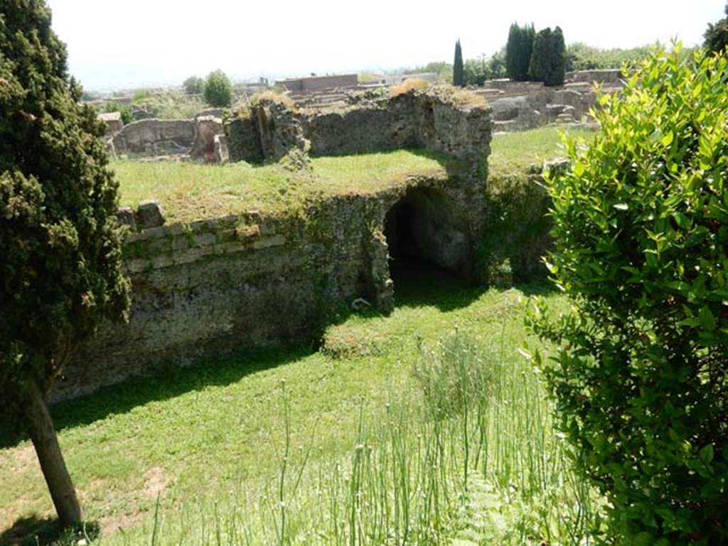 City walls on north side of Pompeii, Tower XII. May 2015.
Looking south-west from walk around walls towards east side of Tower XII. Photo courtesy of Buzz Ferebee.