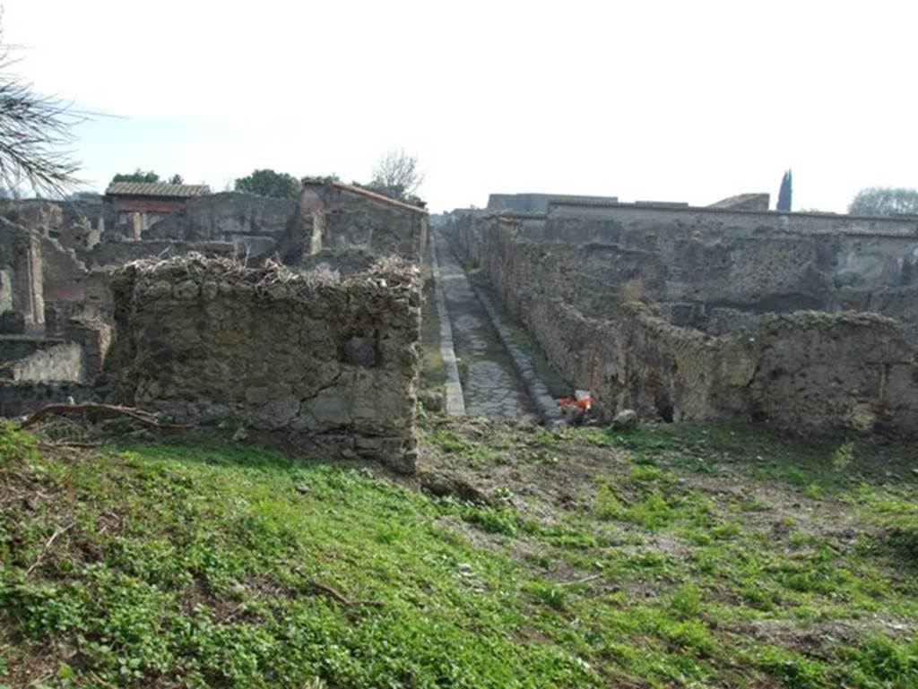 Looking south along Vicolo di Modesto from the city walls at Tower XII. December 2007.
VI.2.19 is on the right.