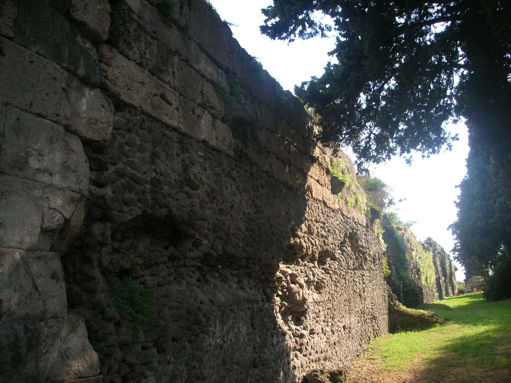 Walls on north side of Pompeii. May 2010.   
Detail of base of Tower XII. Looking west towards Herculaneum Gate. Photo courtesy of Ivo van der Graaff.