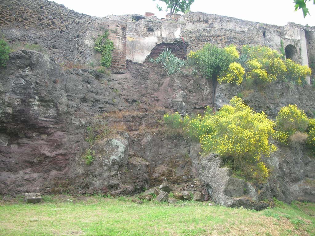 VIII.2.23 Pompeii, taken from the rear, May 2011. 
Looking north to walls built above volcanic ledge. Photo courtesy of Ivo van der Graaff.