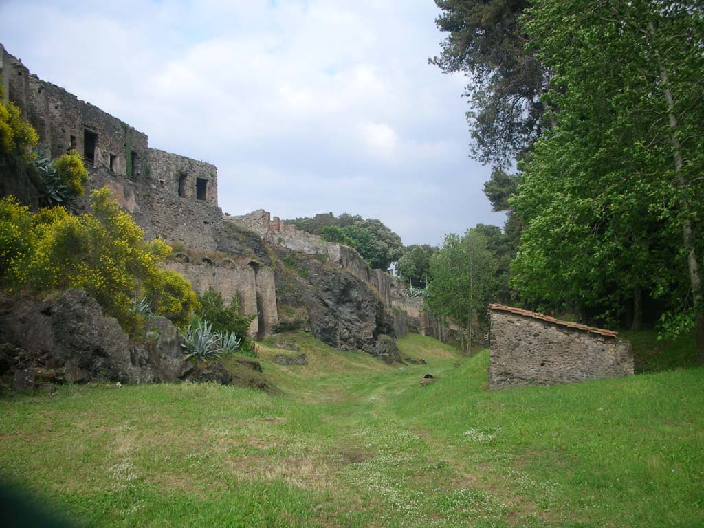 Rear of VIII.2.26 and VIII.2.28, Pompeii, on left. May 2010. 
Looking east along rear of “hanging houses” in VIII.2. Photo courtesy of Ivo van der Graaff.