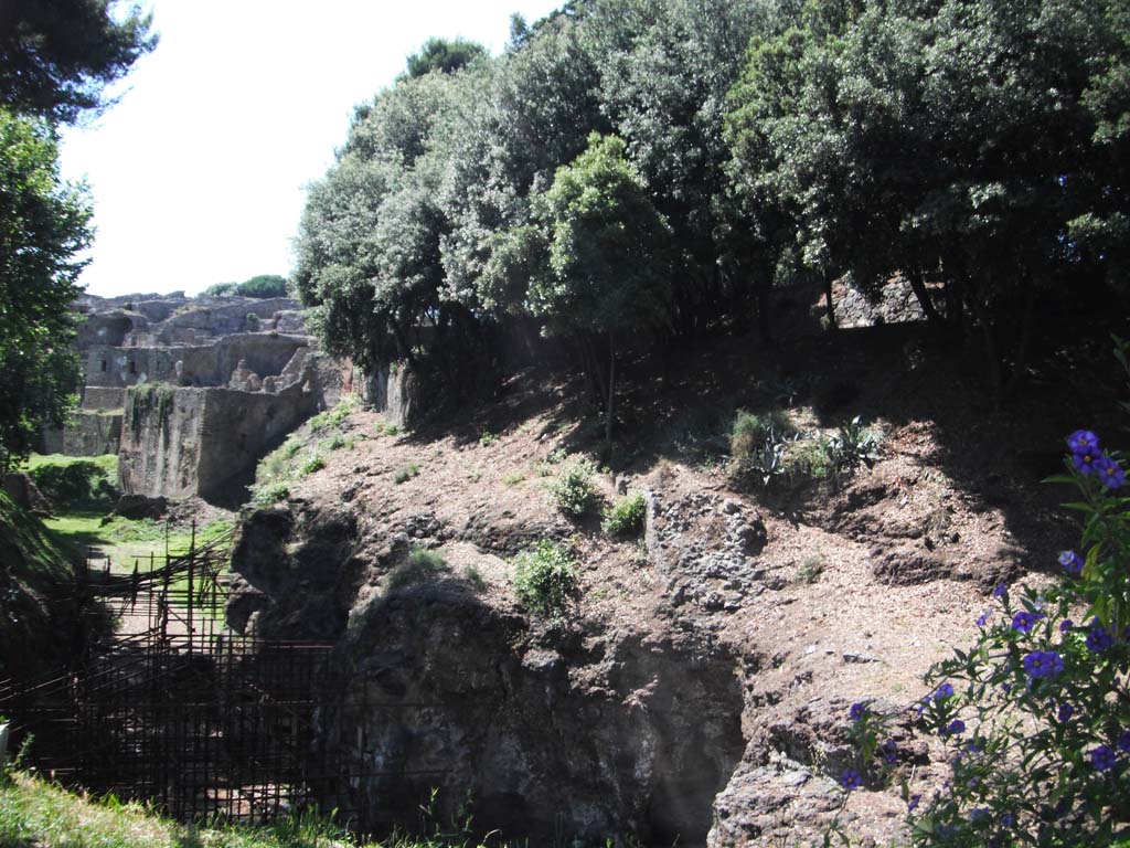 VIII.2 Pompeii, June 2012.  
Looking west across volcanic ledge at rear of Triangular Forum towards rear of houses in VIII.2. Photo courtesy of Ivo van der Graaff.