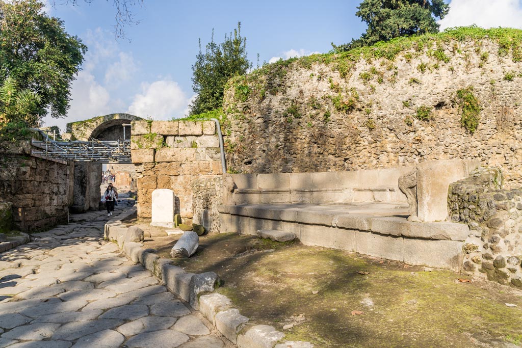 Porta Stabia, Pompeii. January 2023. South-east side of gate. 
Looking north to Cippus of L. Avianius Flaccus and Q. Spedius Firmus. Photo courtesy of Johannes Eber.