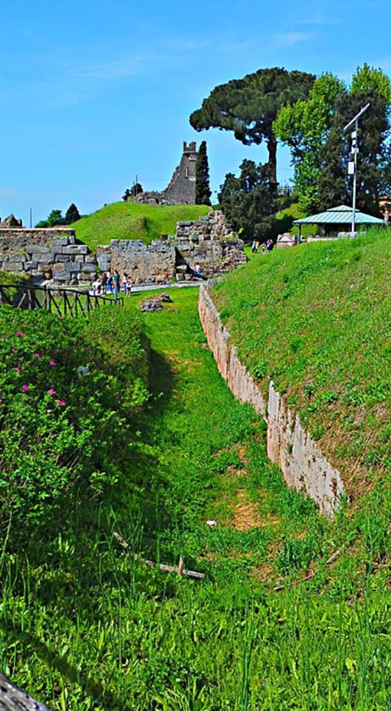 Walls on east side of Vesuvian Gate, Pompeii. 2015/2016.
Looking west towards Gate. Photo courtesy of Giuseppe Ciaramella.