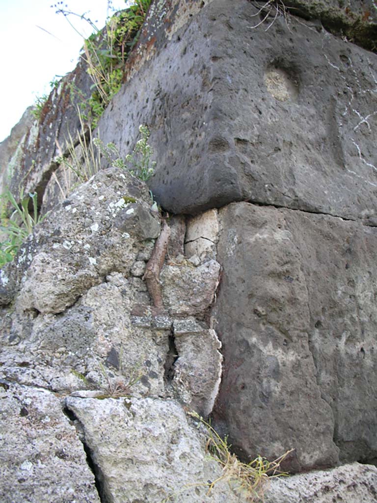 Vesuvian Gate, Pompeii. May 2010. 
West of Gate at north end, with indentation caused by missile. Photo courtesy of Ivo van der Graaff.