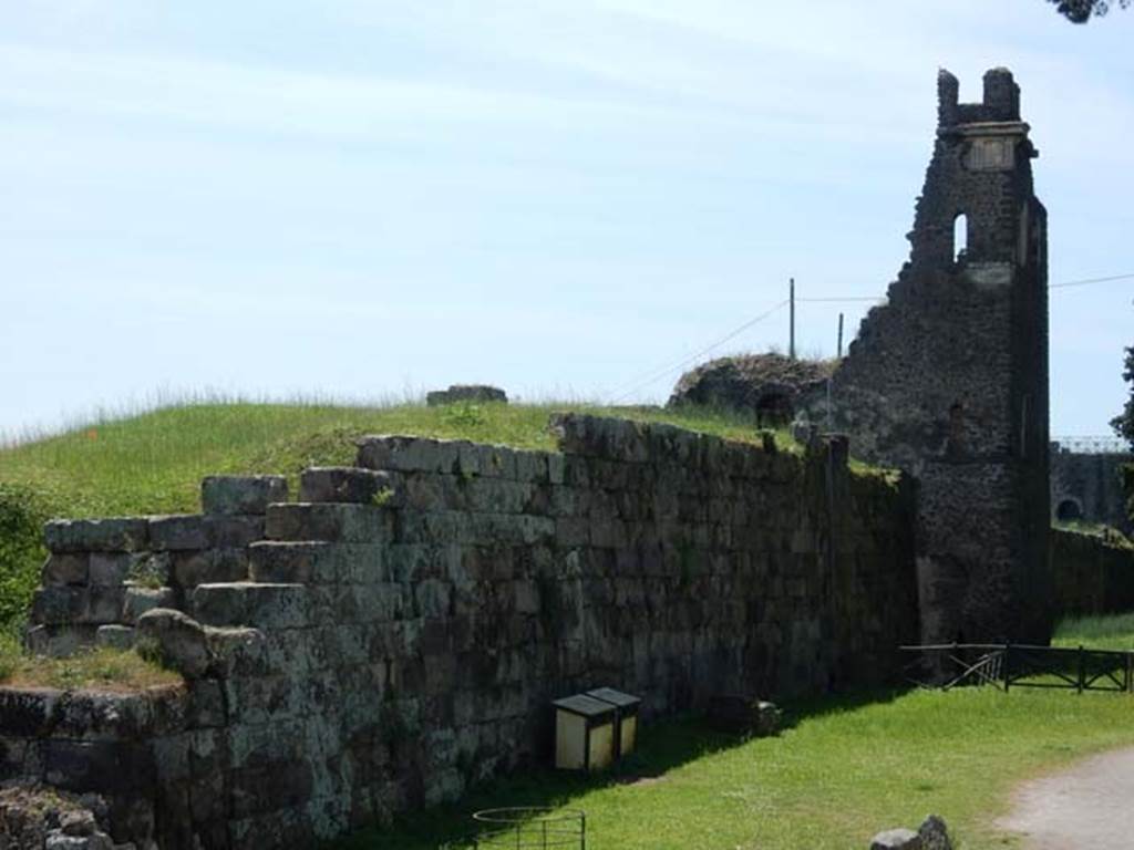 Walls. May 2015. Looking west along the walls from remains of Vesuvian Gate, towards Tower X.
Photo courtesy of Buzz Ferebee.
See Notizie degli Scavi, 1943, (p.275-294), 
for article entitled “Isolation of the wall between the Vesuvius Gate and Herculaneum Gate.”
(Isolamento della cinta murale fra Porta Vesuvio e Porta Ercolano).
